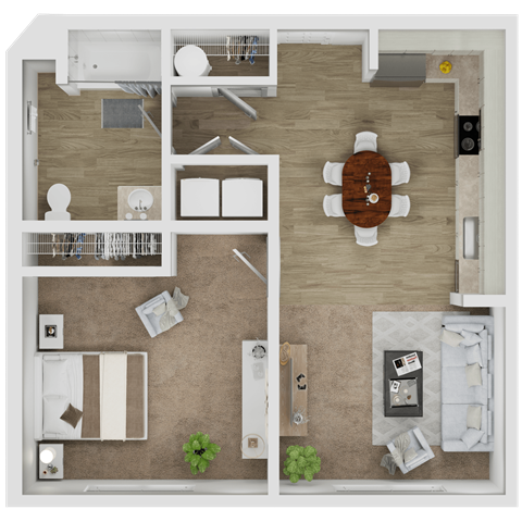 Floor plan for 1 bed, 1 bath, 679 sqft
